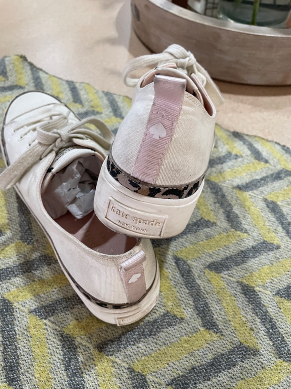 kate spade Cream Canvas Sneakers with Pink Insole and Leopard Trim - Picture 3 of 5